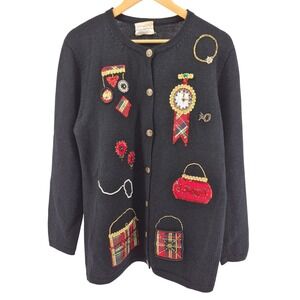Vtg Susan Bristol Beaded Embellished‎ Tartan Plaid Novelty Cardigan Sweater Wool